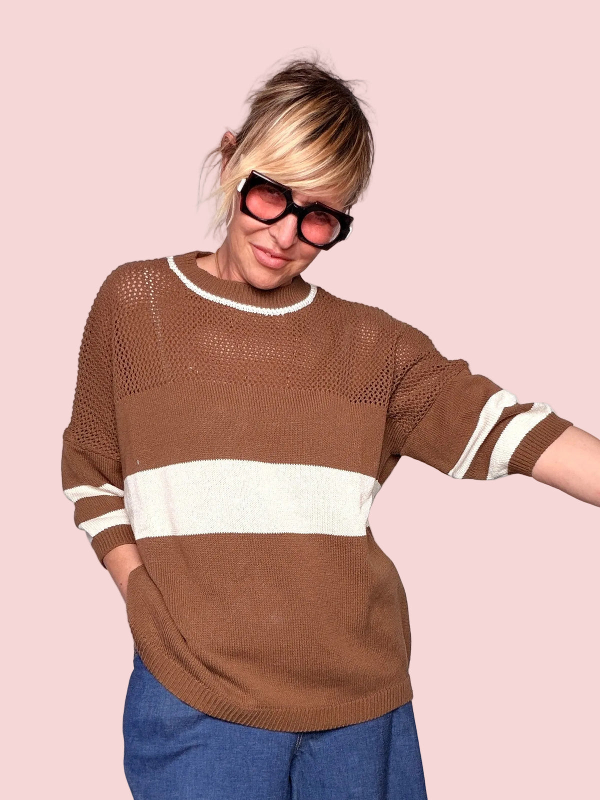 Maglia Traforata a Righe Oversize — Marrone, Panna e Navy