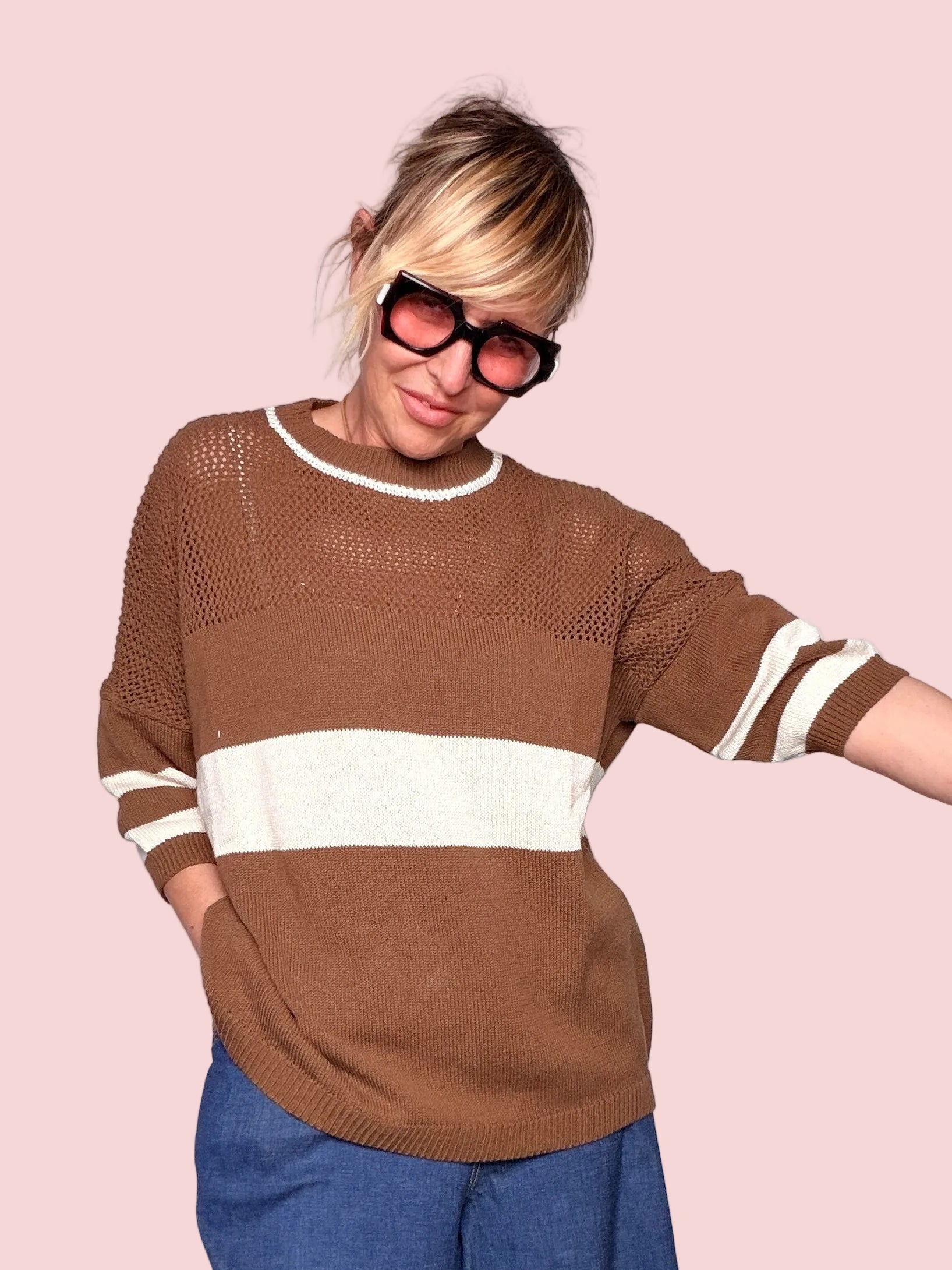 Maglia Traforata a Righe Oversize — Marrone, Panna e Navy
