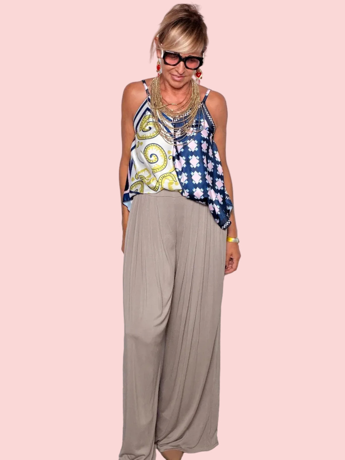 Pantalone Palazzo Drappeggiato tortora - vista frontale
