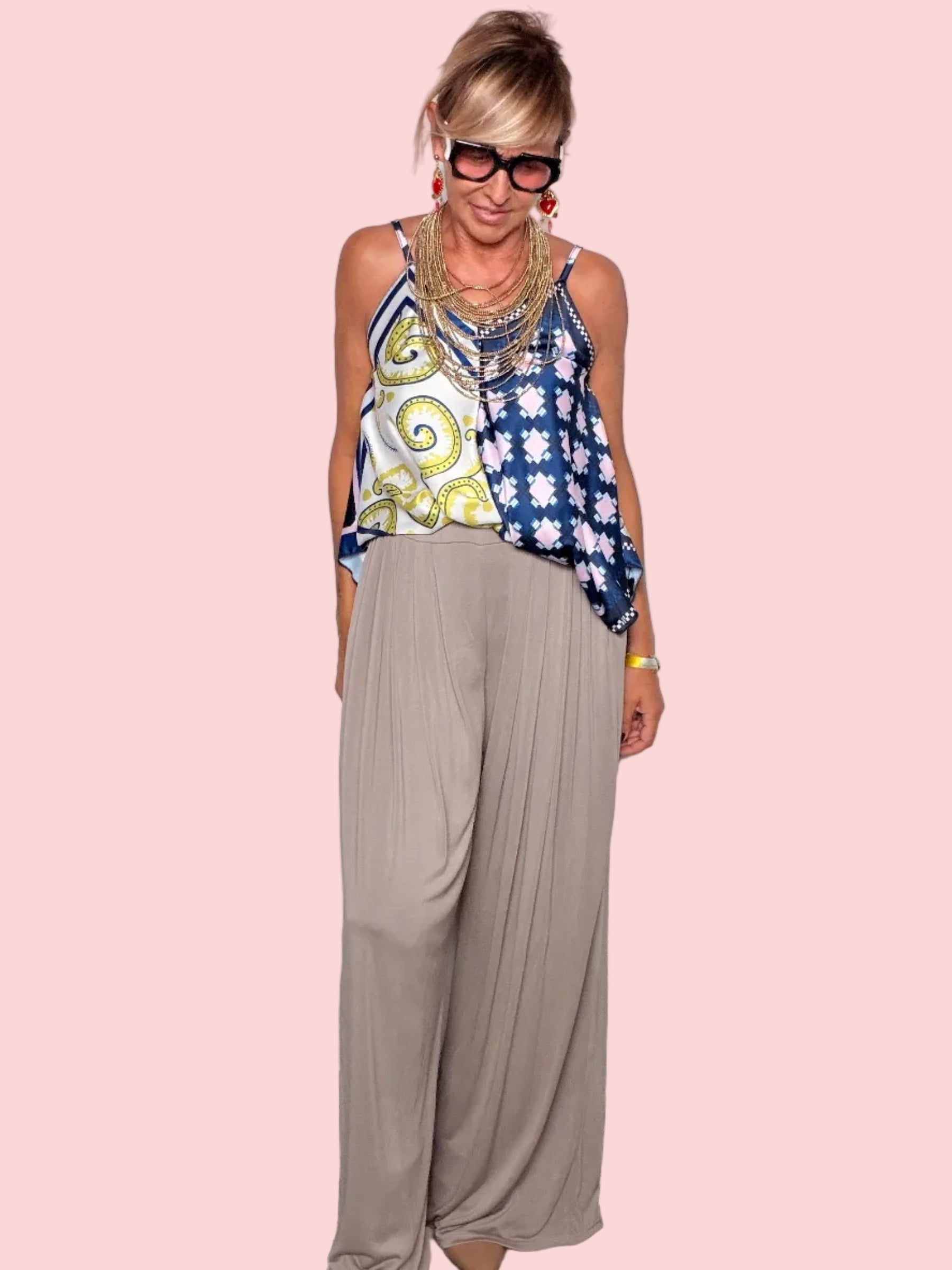 Pantalone Palazzo Drappeggiato tortora - vista frontale