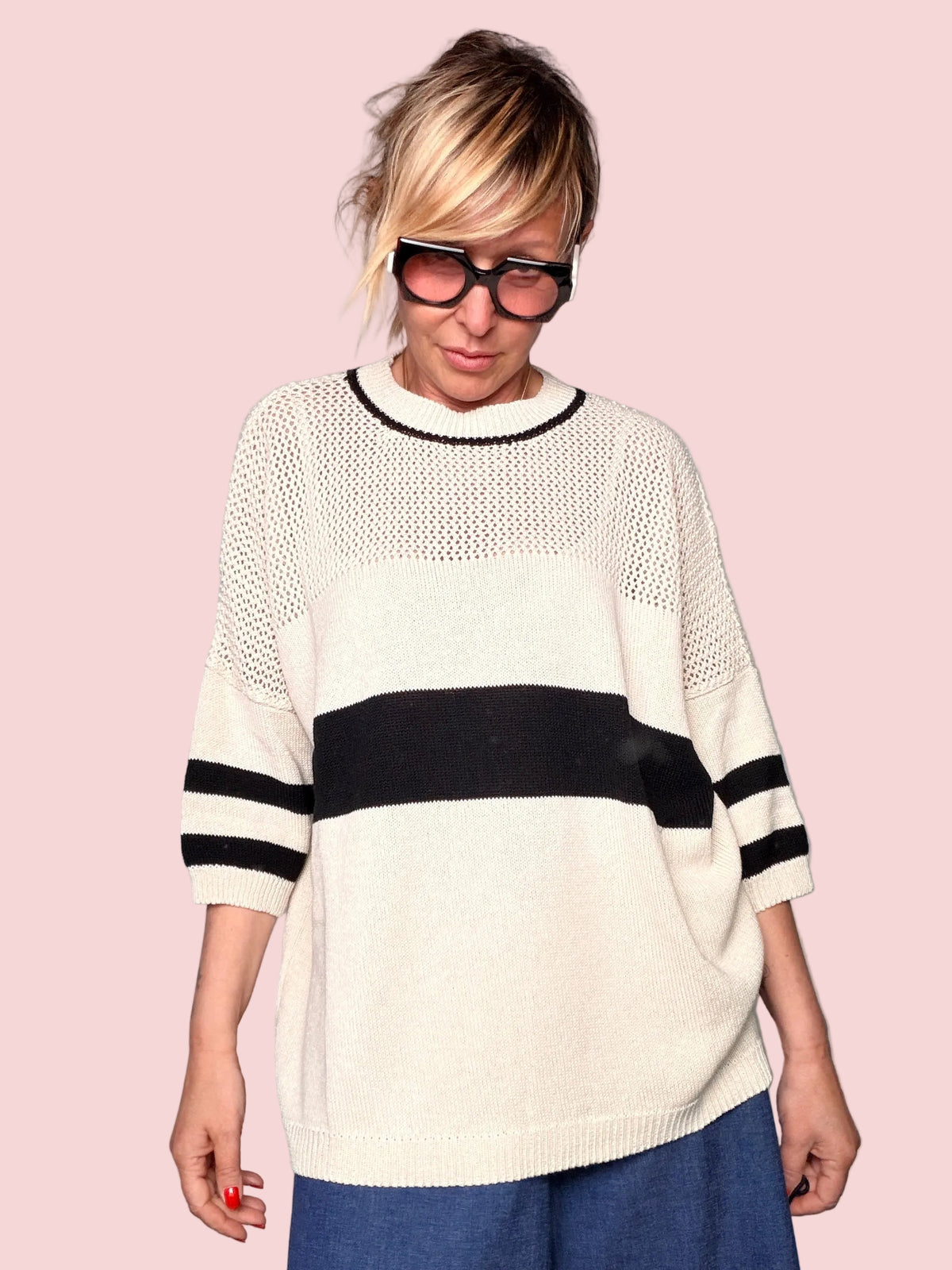 Maglia Traforata a Righe Oversize — Marrone, Panna e Navy