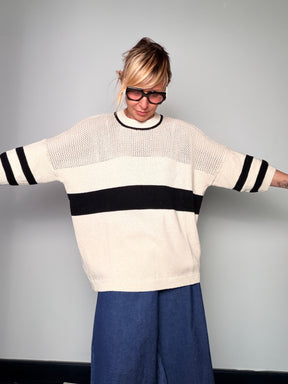Maglia Traforata a Righe Oversize — Marrone, Panna e Navy