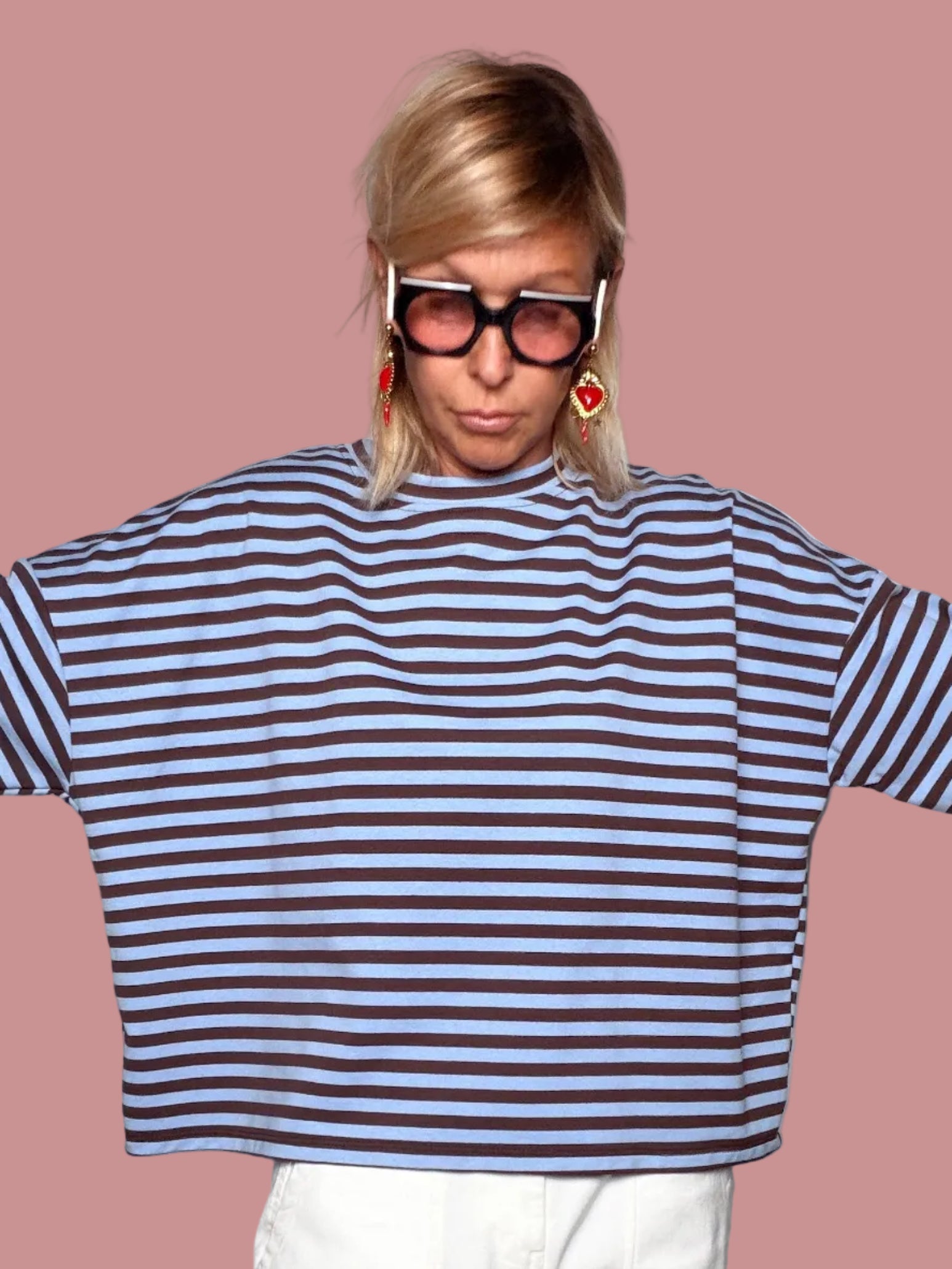 Felpa Boxy Righe azzurro marrone - maniche aperte