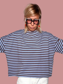 Felpa Boxy Righe azzurro marrone - maniche aperte
