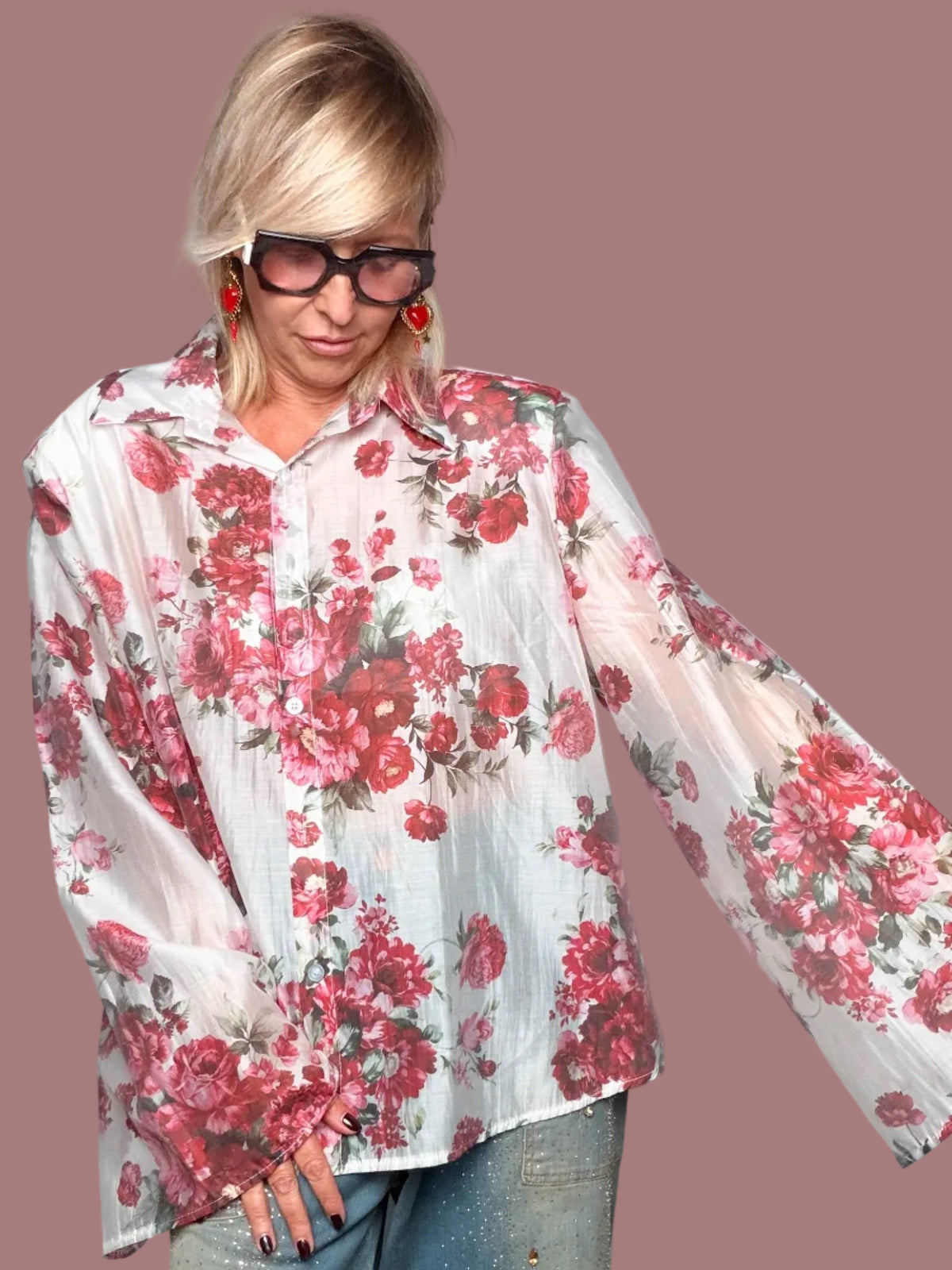 Camicia Oversize Floreale a Maniche Flare