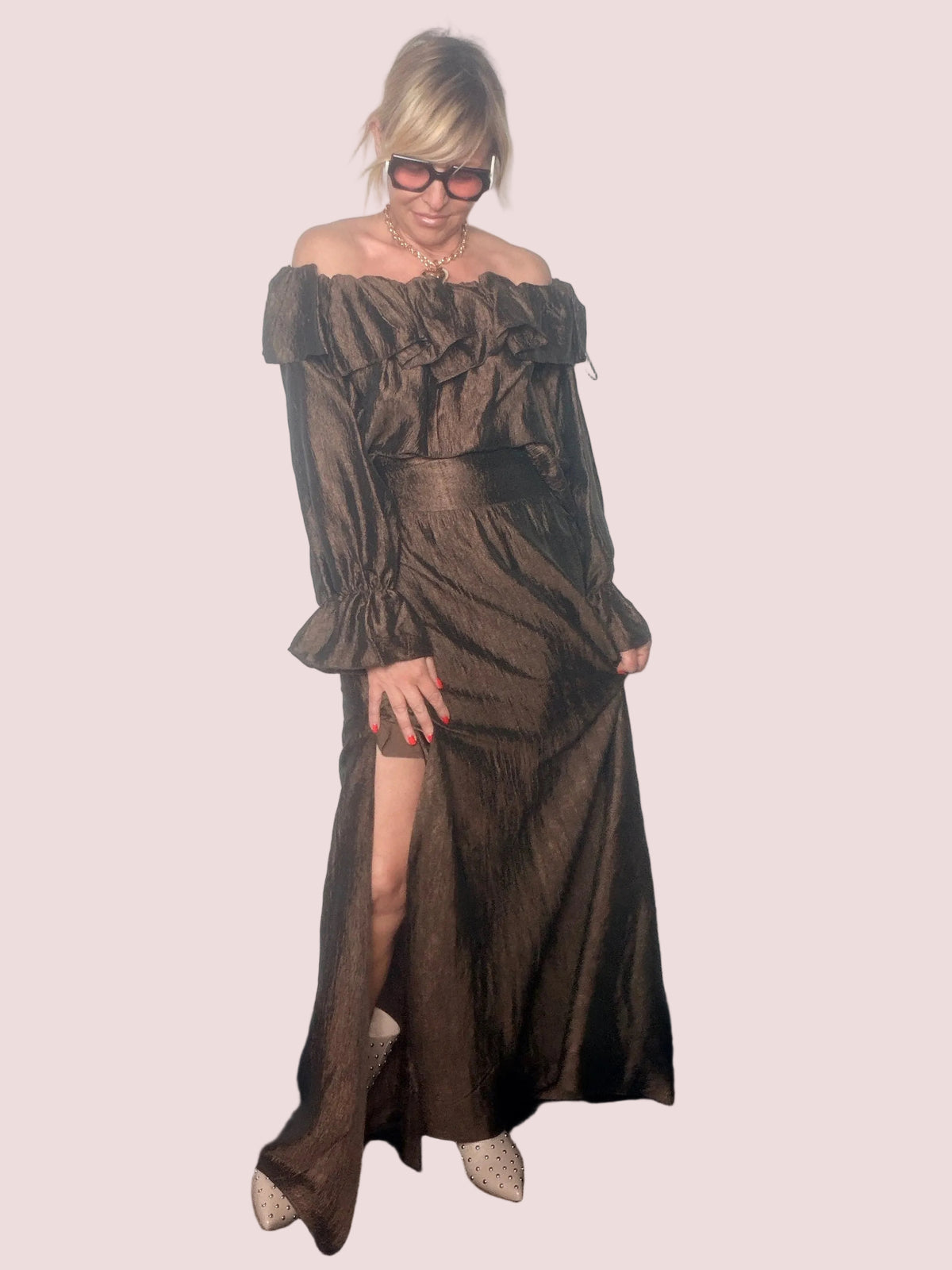 Gonna Maxi Lamé Bronzo con Spacco