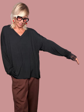 Maglia Oversize a V con Polsino in Pizzo