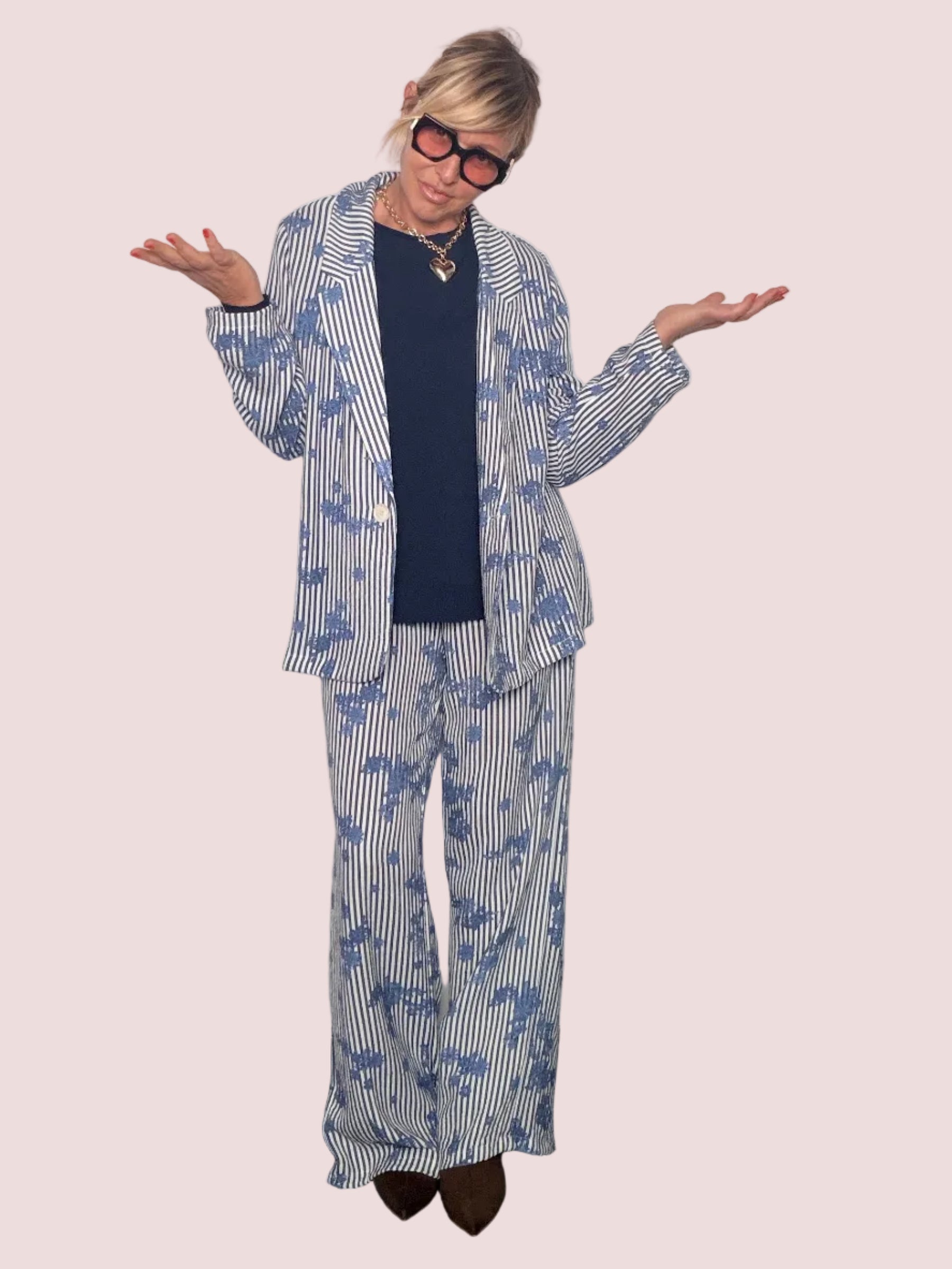 Pantalone Palazzo a Righe con Ricami Floreali