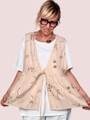 Set T-Shirt + Gilet con Paillettes e Ricami Floreali