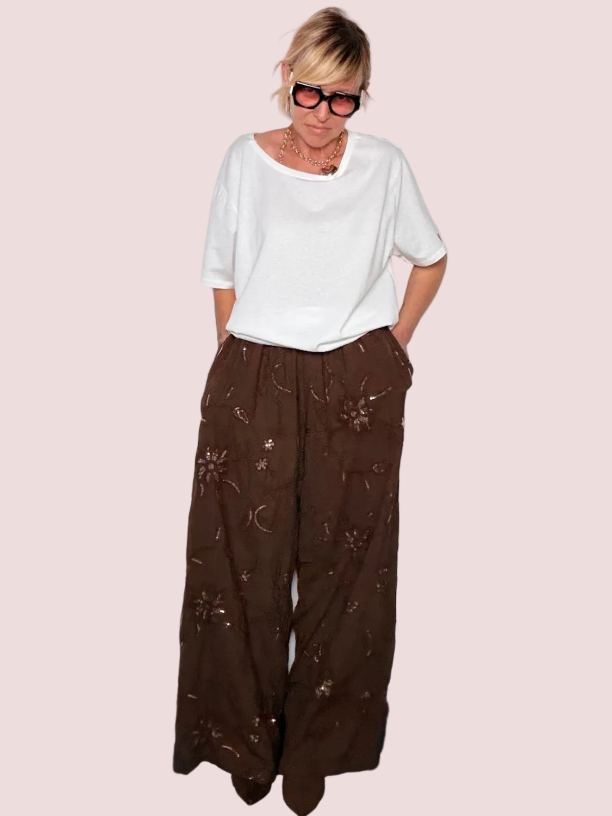 Pantalone Palazzo con Ricami Floreali e Paillettes