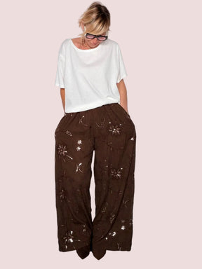 Pantalone Palazzo con Ricami Floreali e Paillettes