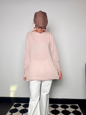 Maglia Oversize Lurex con Scollo Barca – Rosa Cipria / Bronzo