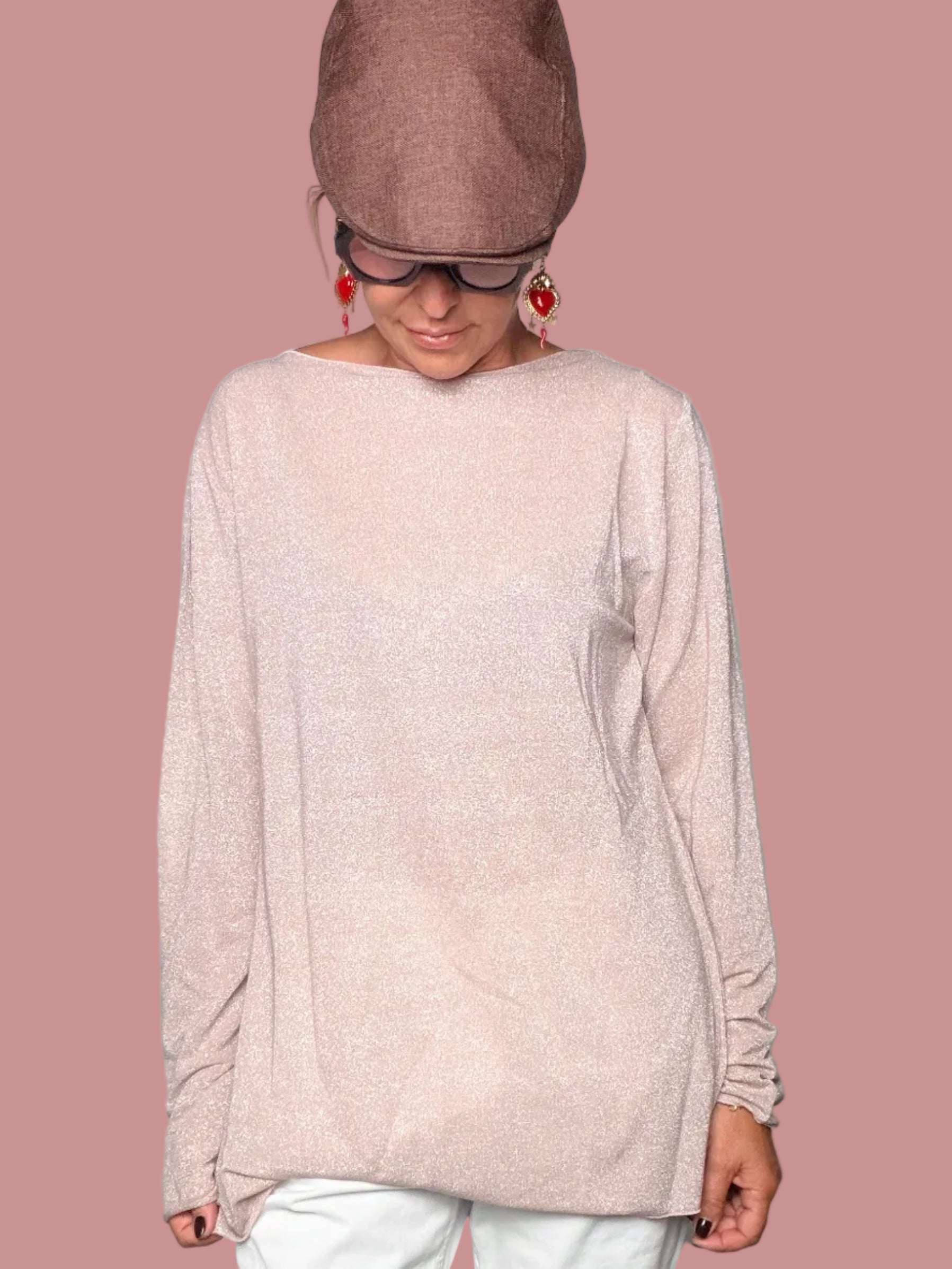 Maglia Oversize Lurex con Scollo Barca – Rosa Cipria / Bronzo