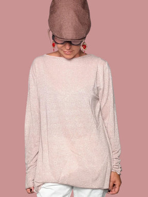 Maglia Oversize Lurex con Scollo Barca – Rosa Cipria / Bronzo