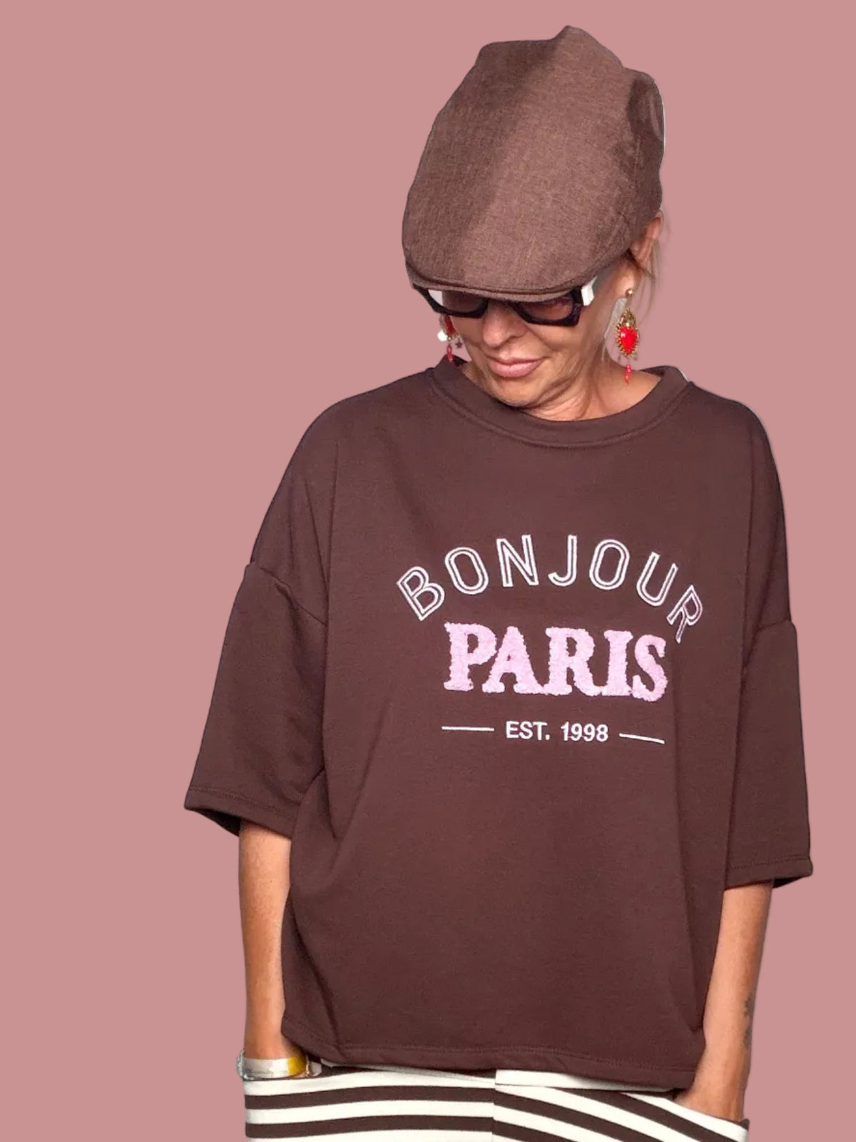 Felpa Crop Bonjour Paris Oversize | Maniche 3/4 | Taglia Unica
