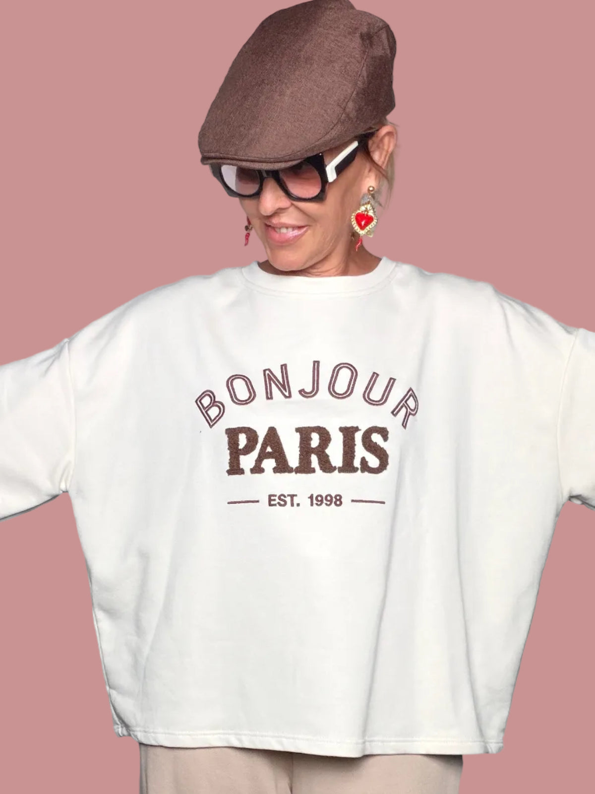 Felpa Crop Bonjour Paris Oversize | Maniche 3/4 | Taglia Unica