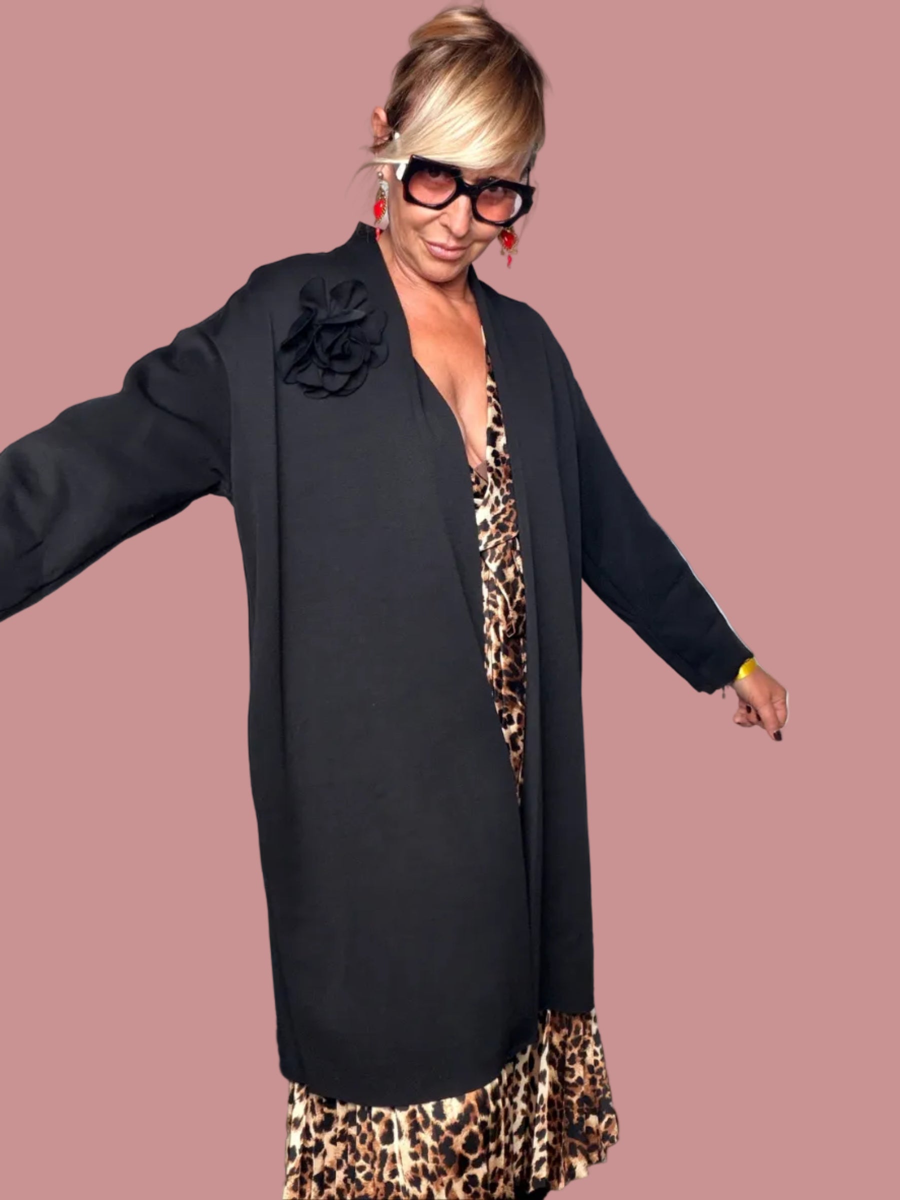 Cardigan Lungo Punto Milano Nero | Rosa Applicata | Taglia Unica