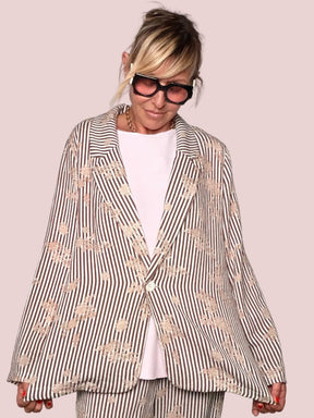 Blazer a Righe con Ricami Floreali
