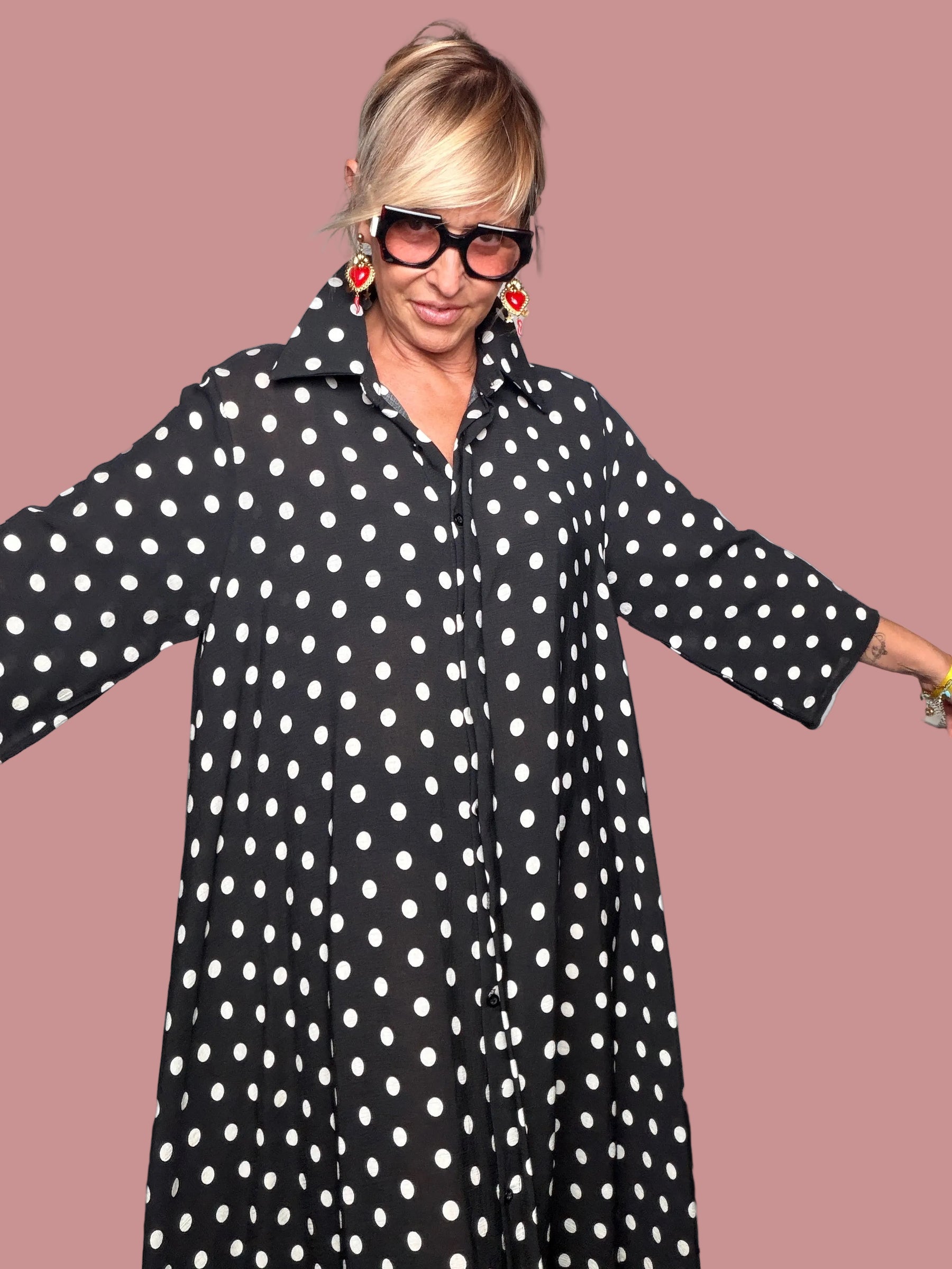 Abito Maxi Chemisier a Pois | Nero e Bianco | Taglia Unica