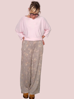 Pantalone Palazzo a Righe con Ricami Floreali