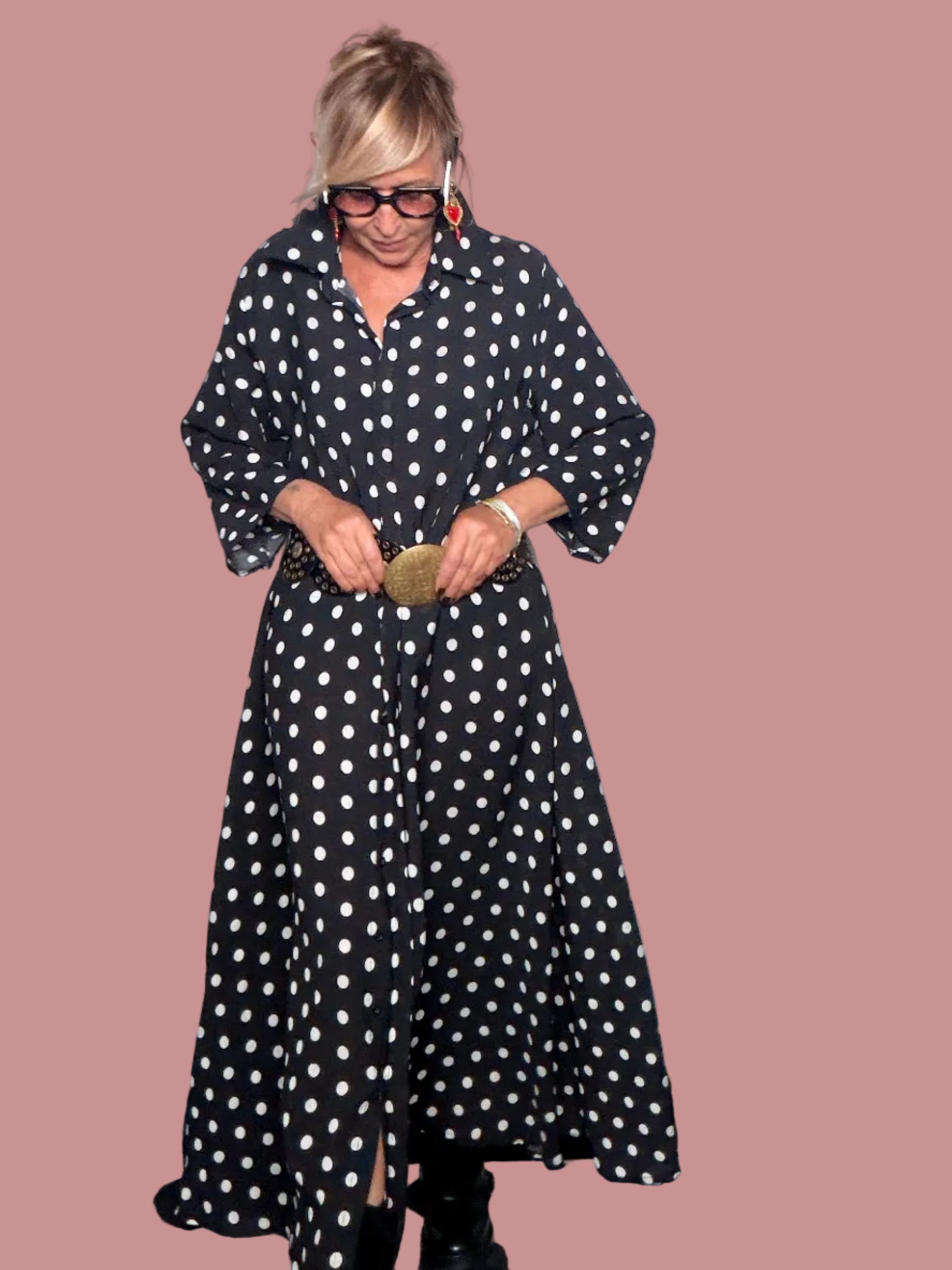 Abito Maxi Chemisier a Pois | Nero e Bianco | Taglia Unica