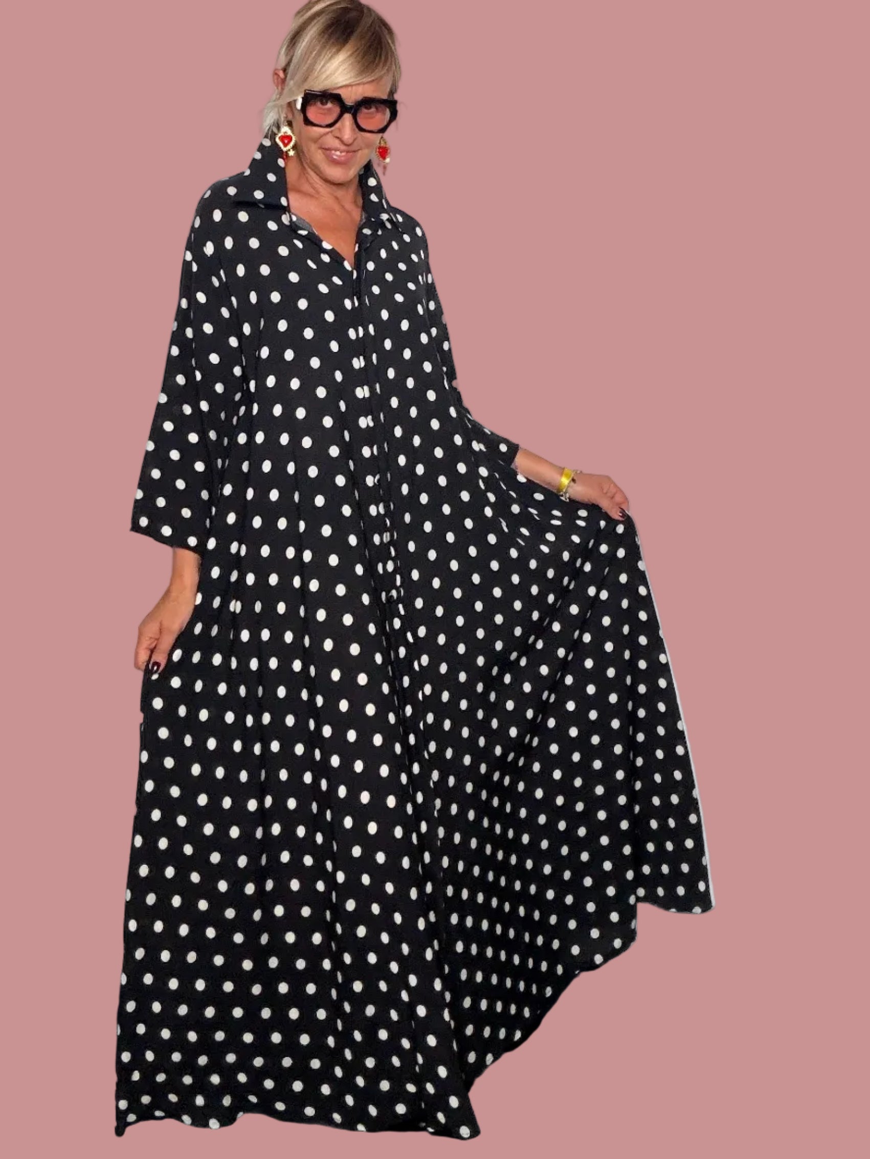 Abito Maxi Chemisier a Pois | Nero e Bianco | Taglia Unica