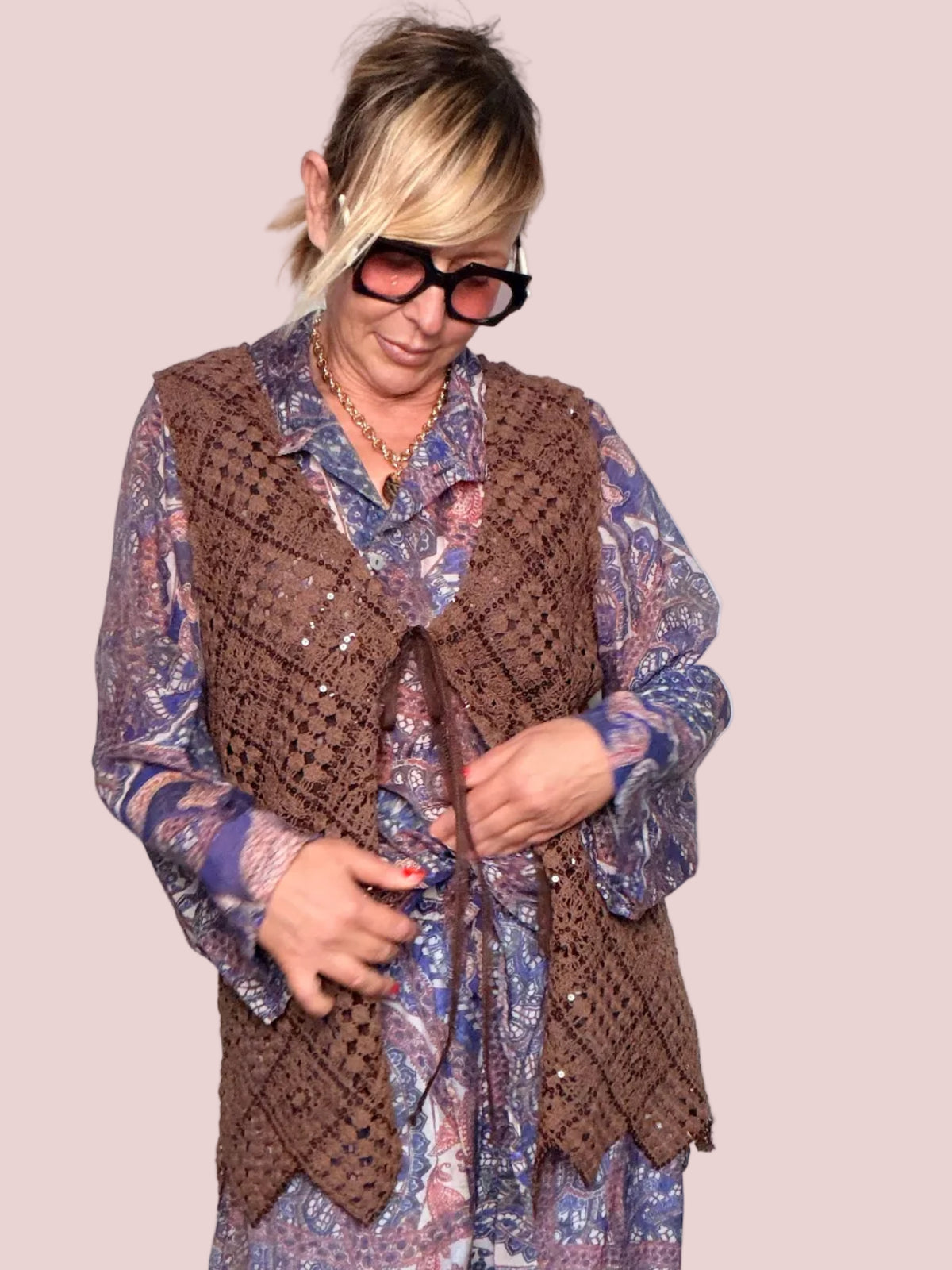 Gilet Crochet Tulle e Paillettes Tabacco