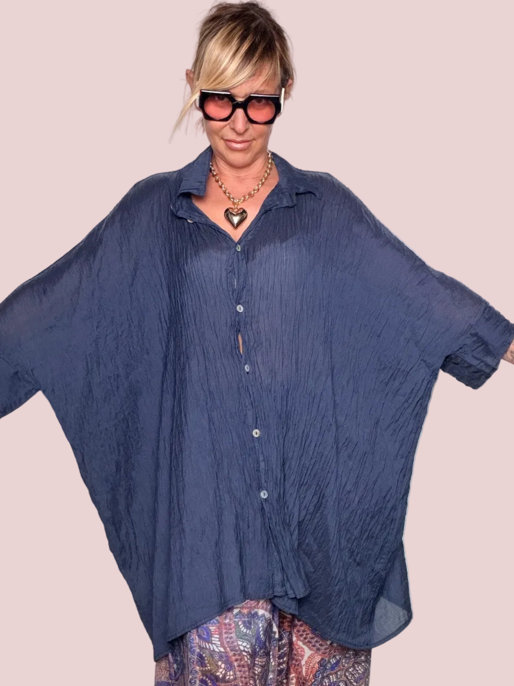 Camicia Oversize Stropicciata Blu Notte