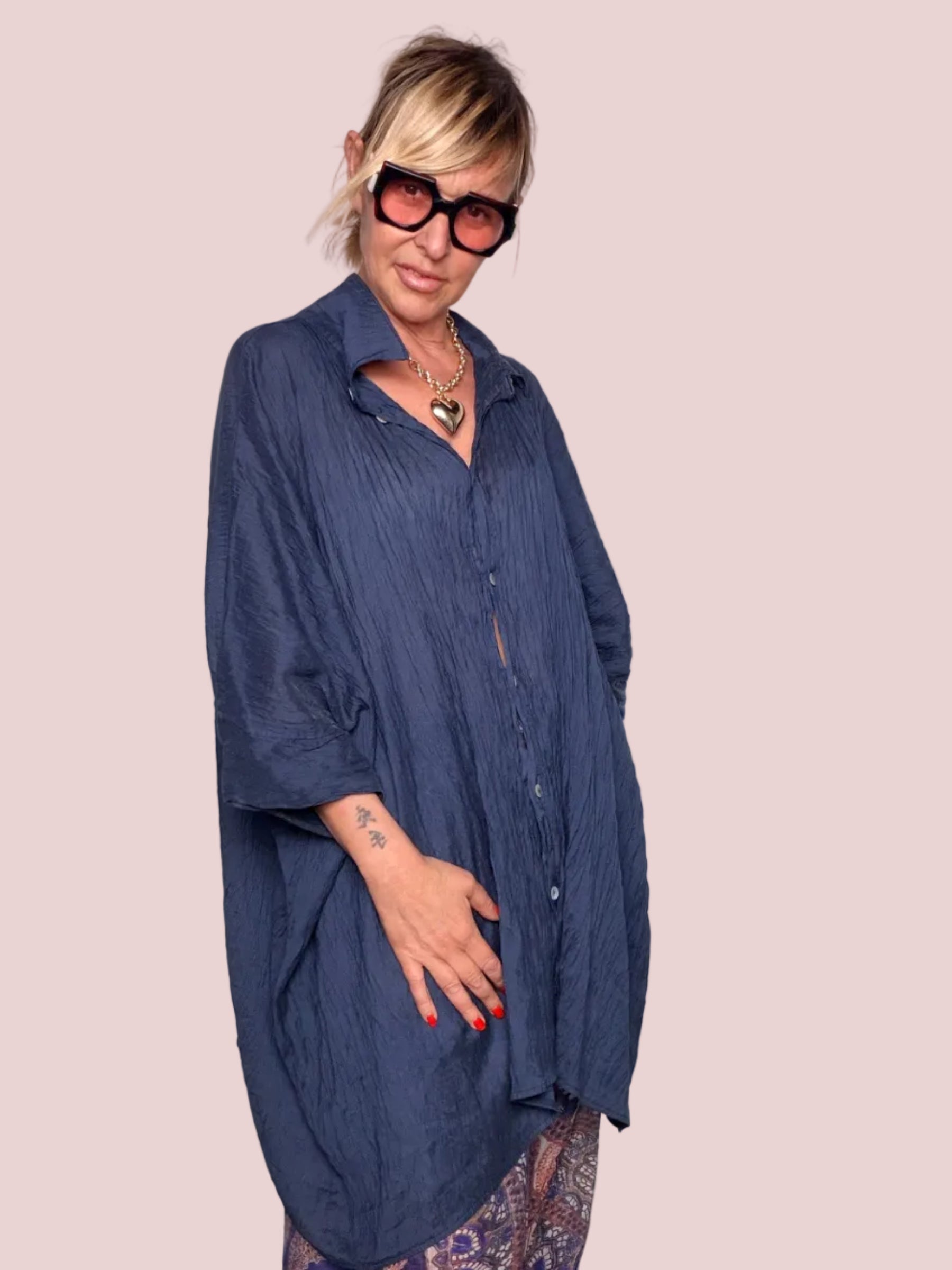 Camicia Oversize Stropicciata Blu Notte