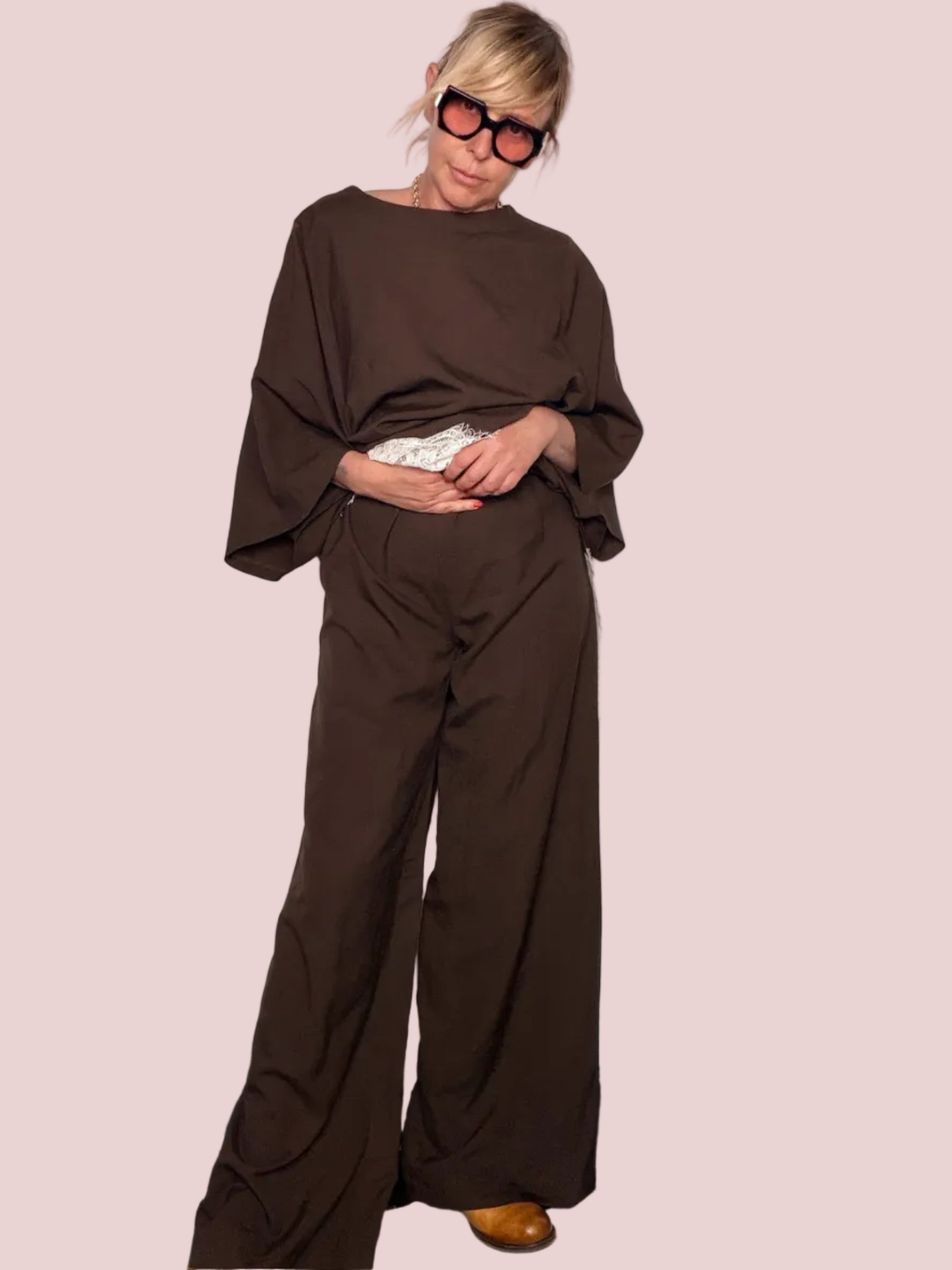 Pantalone Wide Leg Cacao con Coulisse