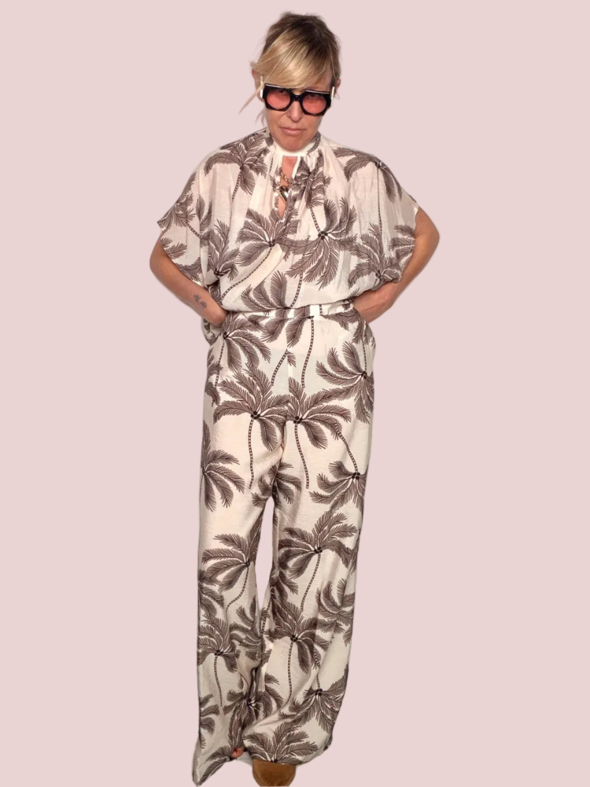 Pantalone Wide Leg Stampa Palme Avorio