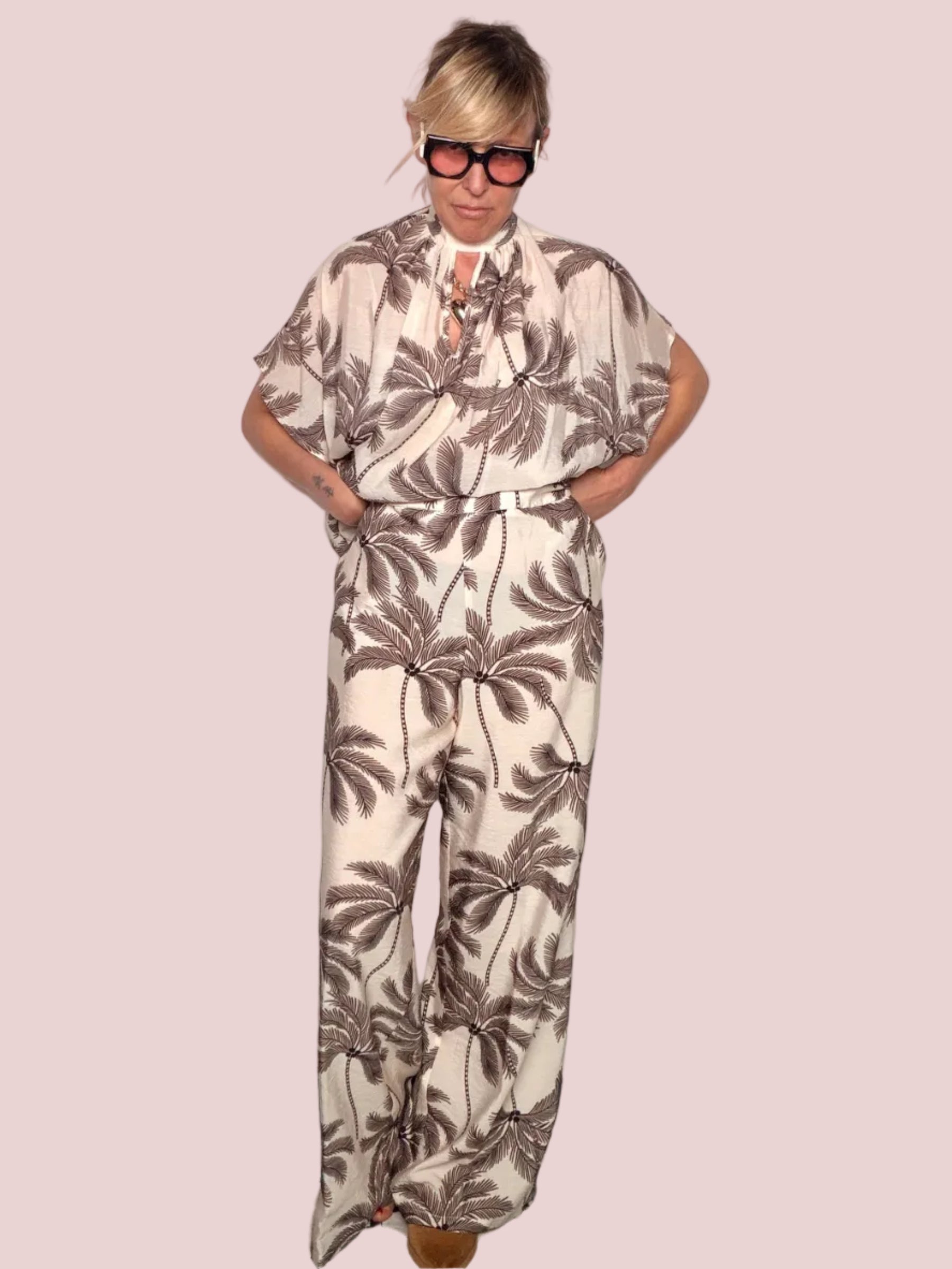 Pantalone Wide Leg Stampa Palme Avorio