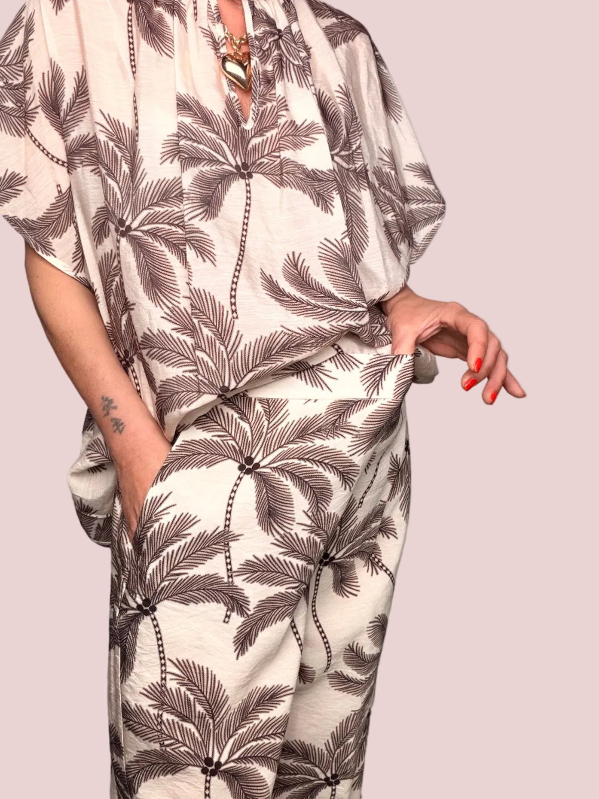 Pantalone Wide Leg Stampa Palme Avorio