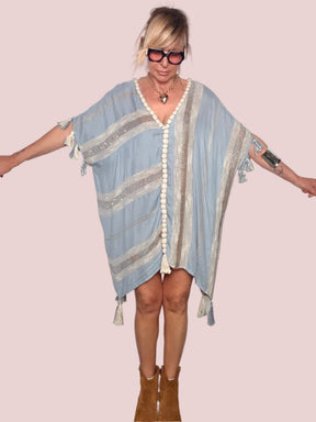Kaftan Corto Azzurro Bande Dorate & Frange