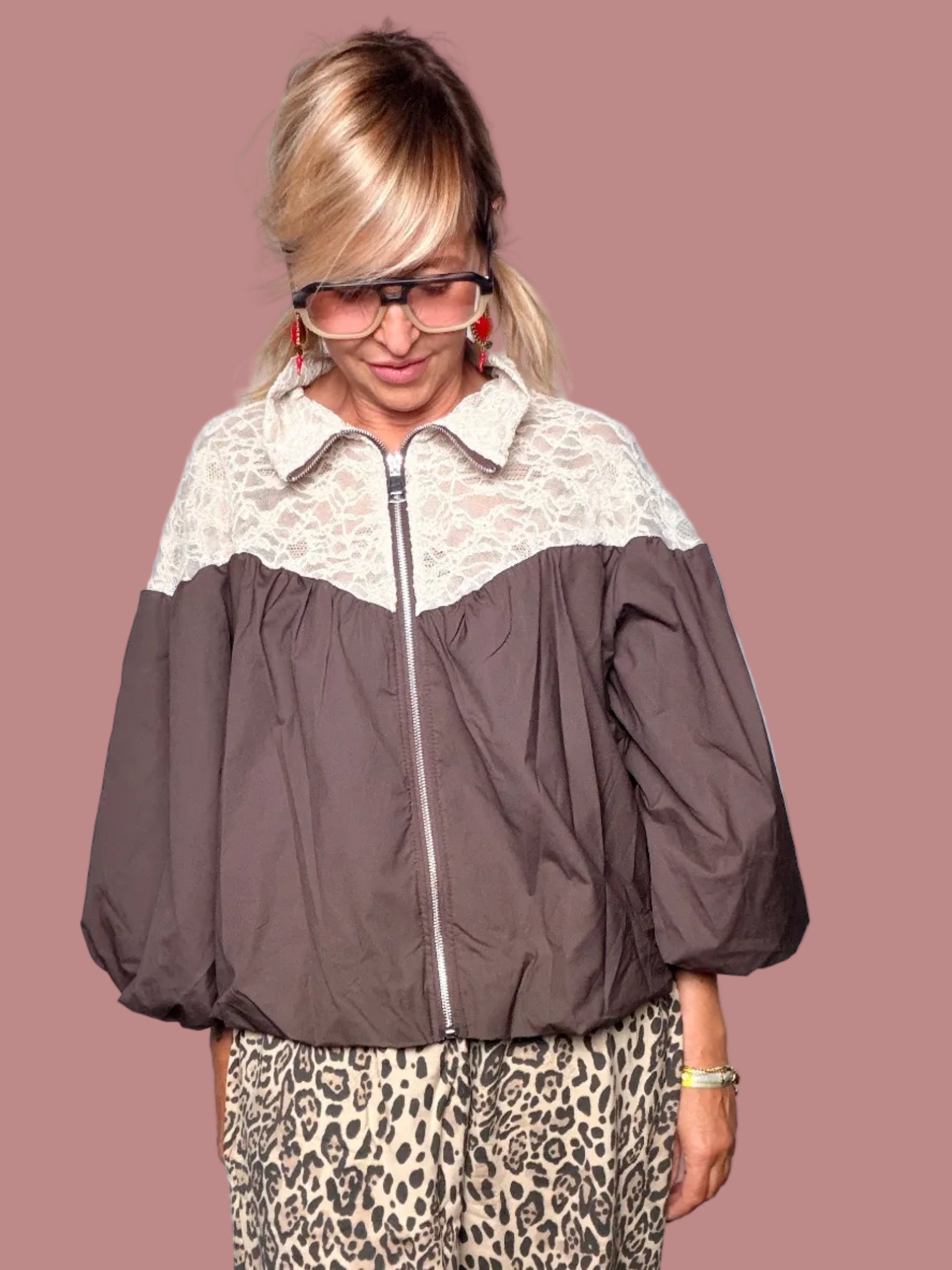Bomber con Inserti in Pizzo | Maniche Palloncino