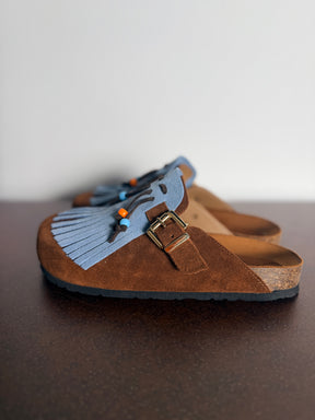 Ciabatta Frange Suede Cuoio & Celeste