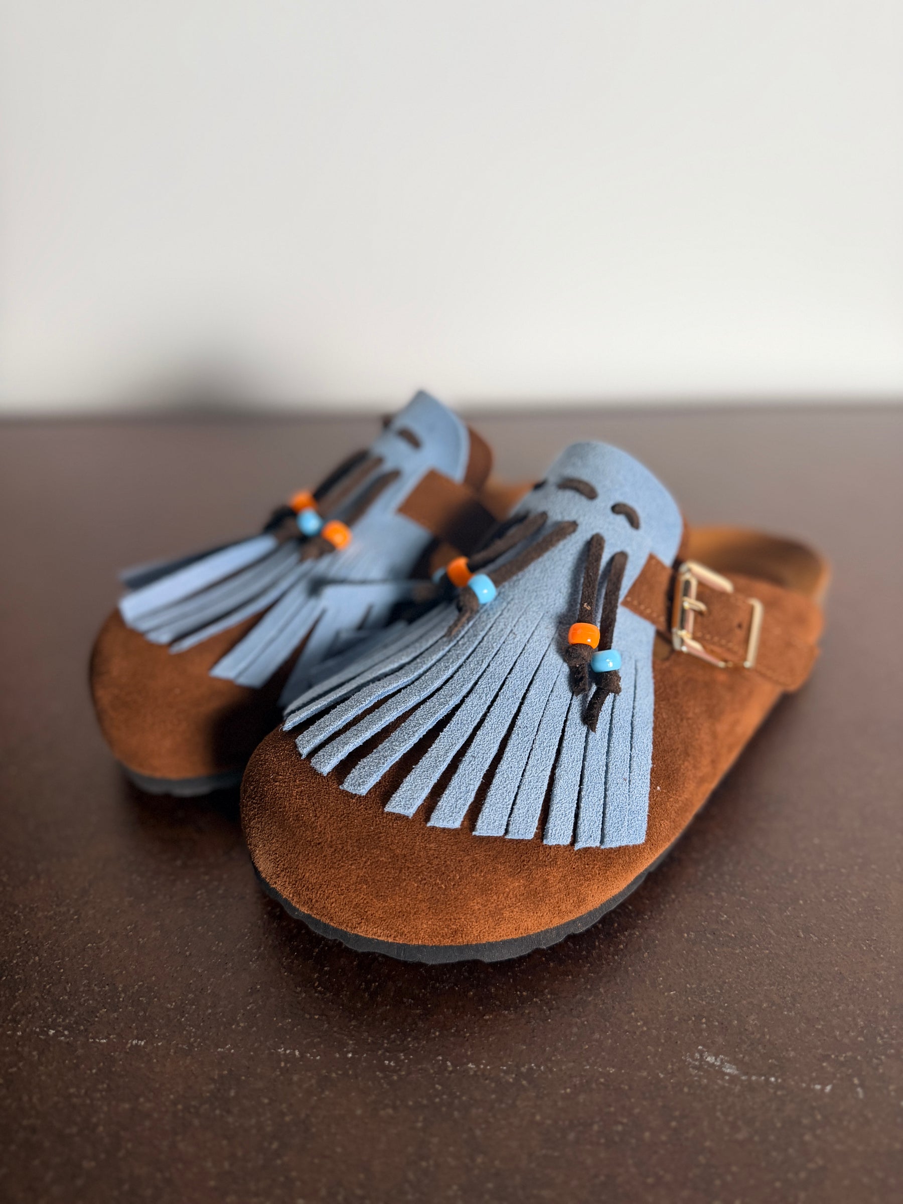 Ciabatta Frange Suede Cuoio & Celeste