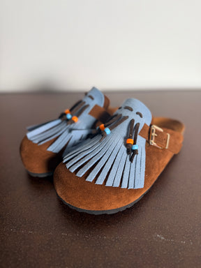 Ciabatta Frange Suede Cuoio & Celeste