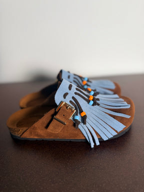 Ciabatta Frange Suede Cuoio & Celeste