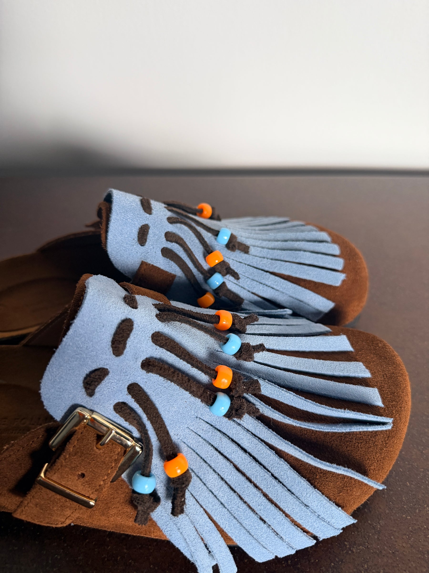 Ciabatta Frange Suede Cuoio & Celeste