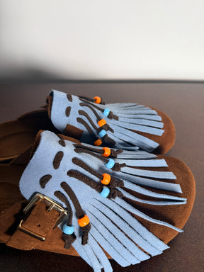 Ciabatta Frange Suede Cuoio & Celeste