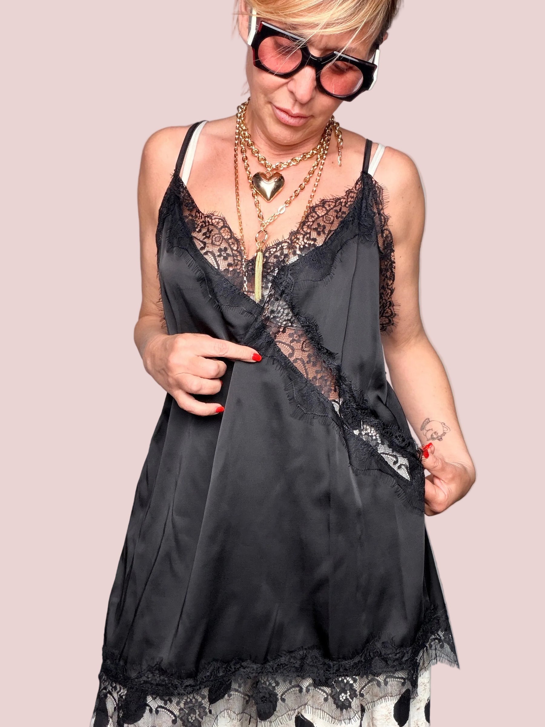Canotta Raso con Pizzo – Celeste & Nero