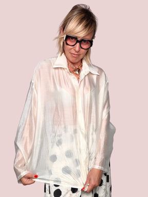 Camicia Oversize Organza Avorio con Pizzo Macramé