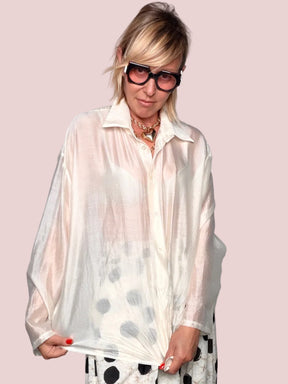 Camicia Oversize Organza Avorio con Pizzo Macramé