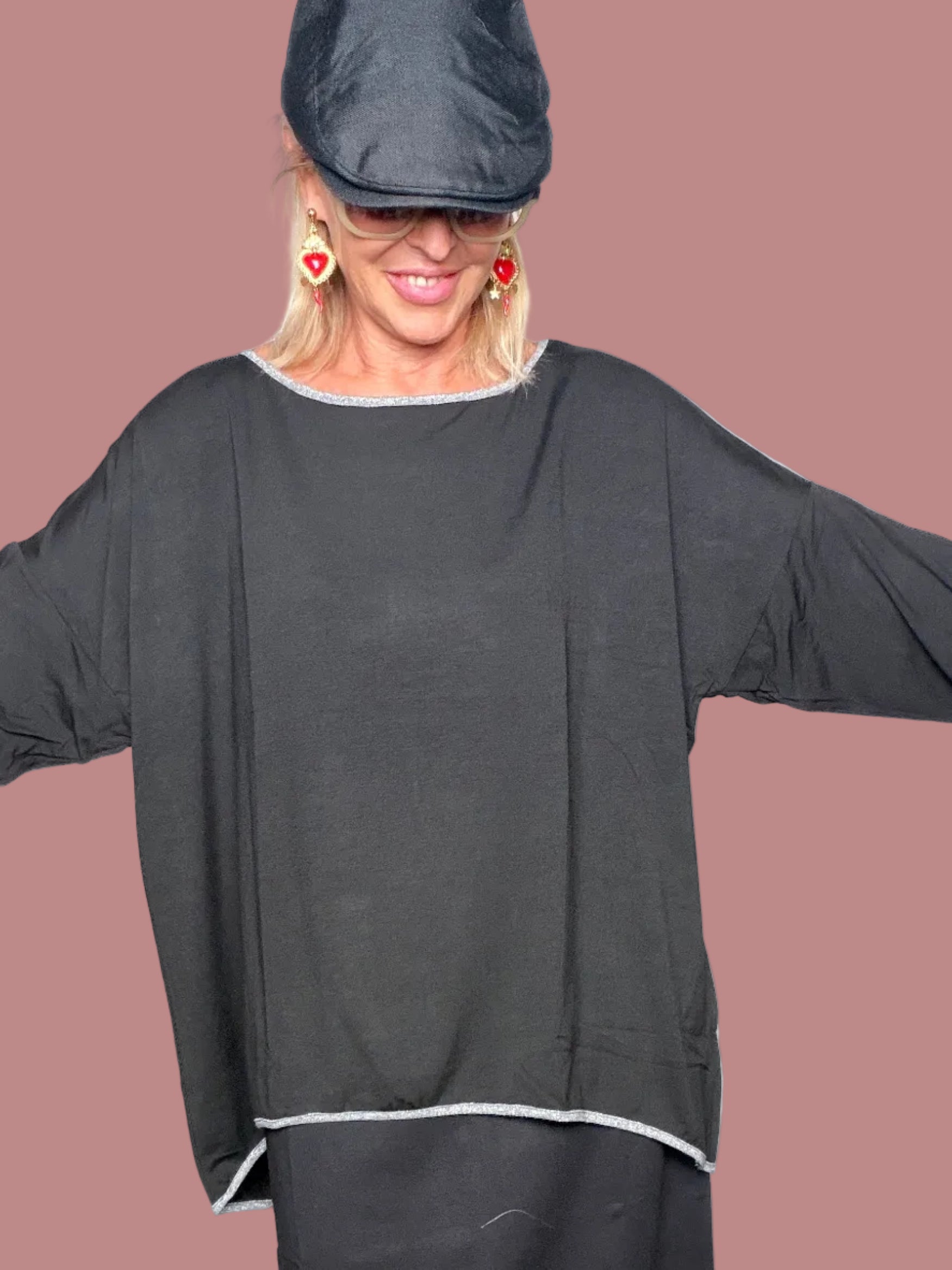 Maglia Oversize a Maniche a Pipistrello con Bordo a Contrasto