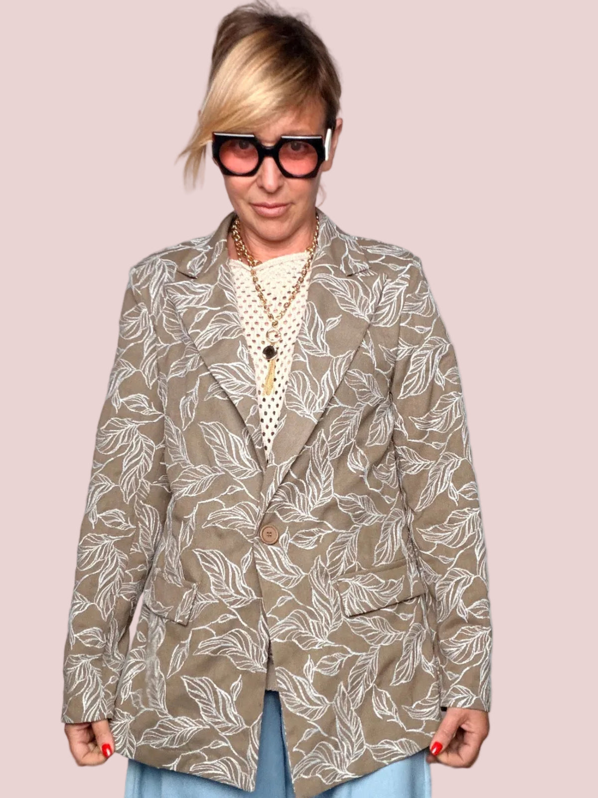 Blazer Oversize Stampa Foglie Tortora