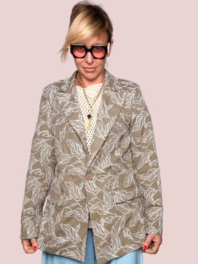 Blazer Oversize Stampa Foglie Tortora