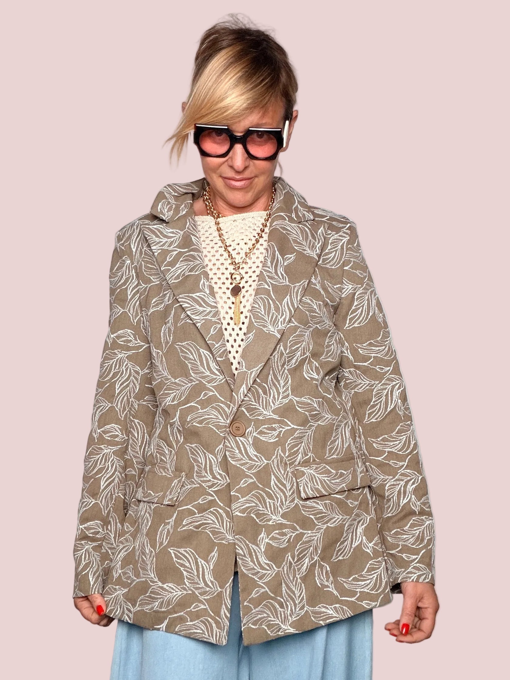 Blazer Oversize Stampa Foglie Tortora