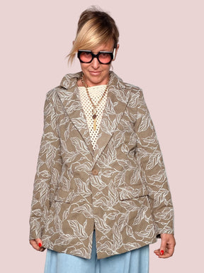 Blazer Oversize Stampa Foglie Tortora