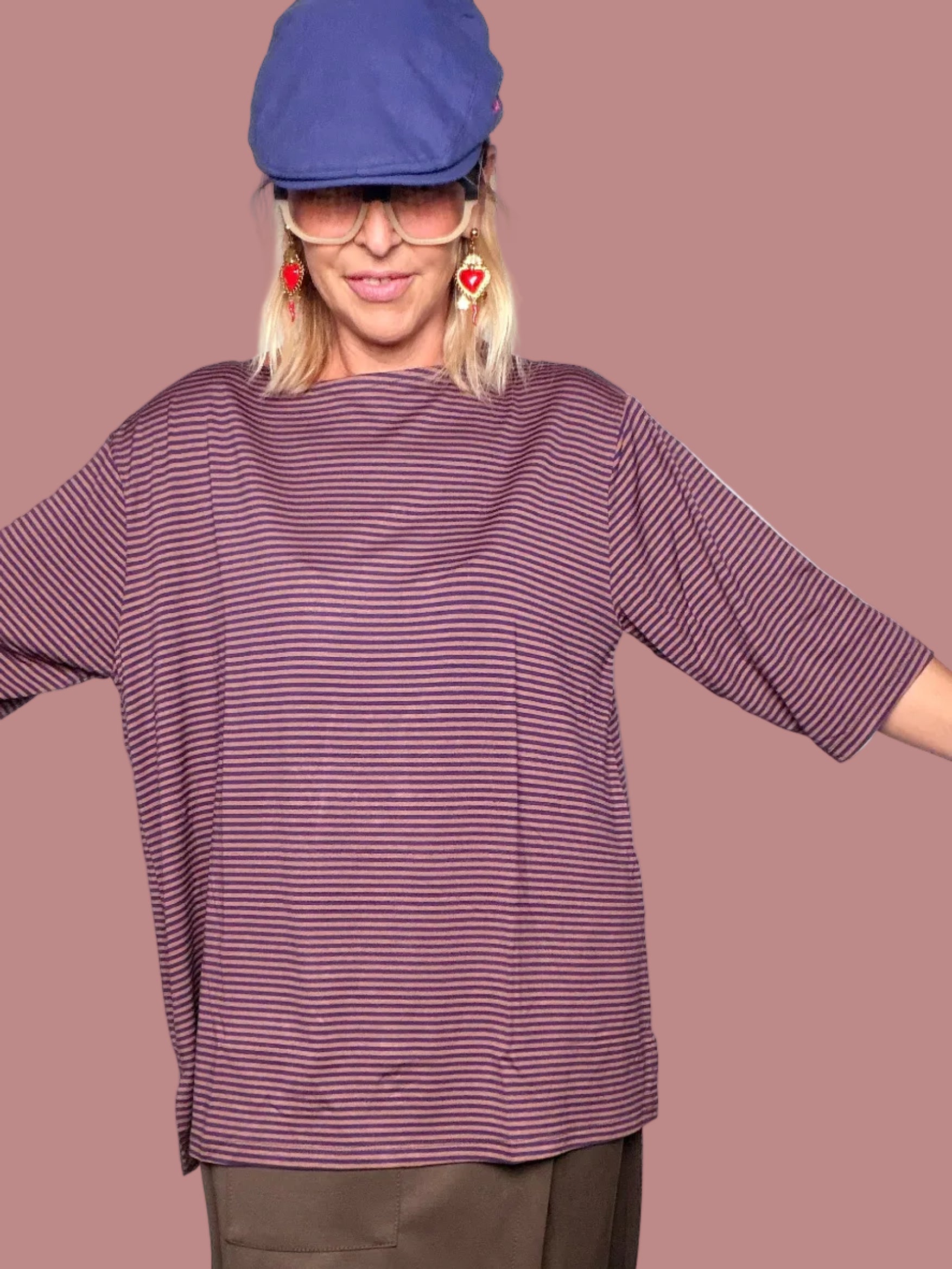Maglia Oversize a Righe Scollo a Barca | Maniche 3/4